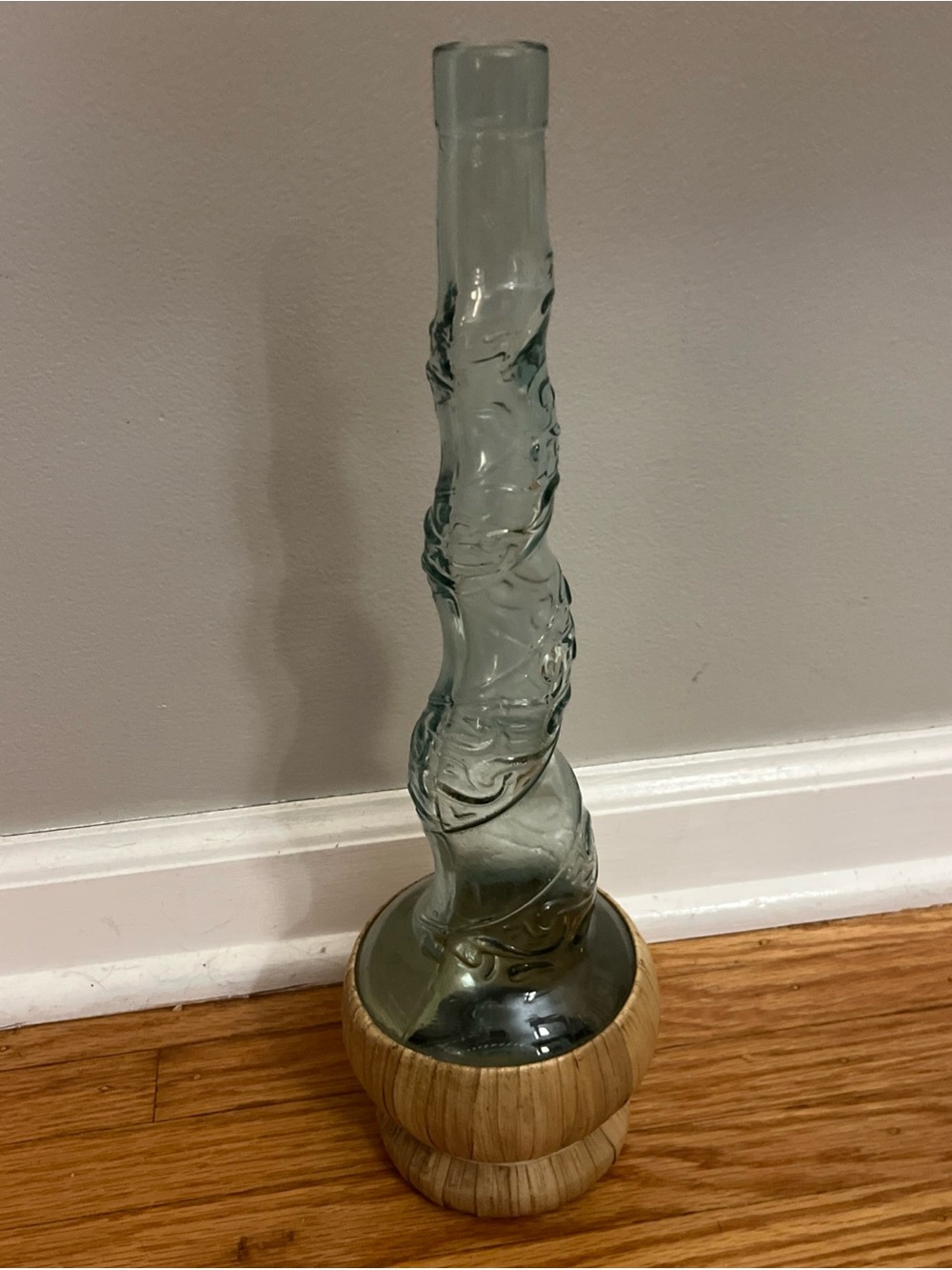 Tall Sculpted Glass Vase with Wood Base set of 2! - Light Aqua
